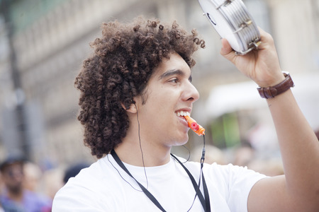 WARSAW, POLAND, August 31: Unidentified Carnival musician on the parade on Warsaw Multicultural Street Partyl on August 31, 2014 in Warsaw, Poland.のeditorial素材