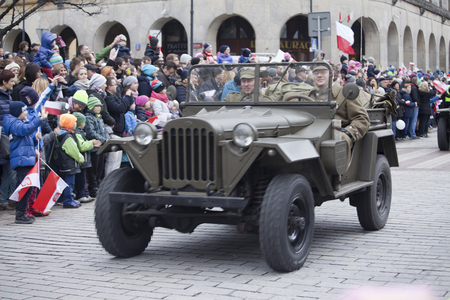 Warsaw, Poland - 11 November, 2015. The parade of military  reenactors groups.のeditorial素材