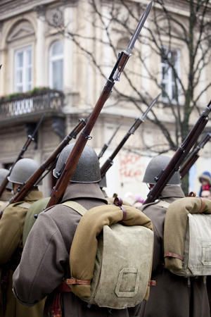 Warsaw, Poland - 11 November, 2015. The parade of military  reenactors groups.のeditorial素材
