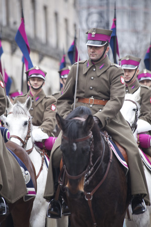 Warsaw, Poland - 11 November, 2015. The parade of military  reenactors groups.のeditorial素材