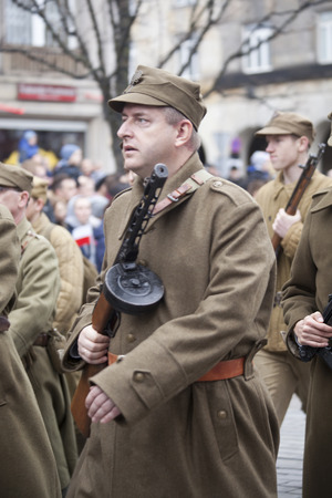 Warsaw, Poland - 11 November, 2015. The parade of military  reenactors groups.のeditorial素材
