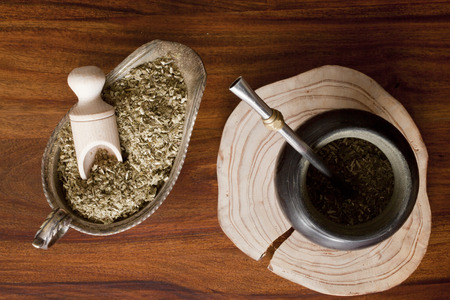 yerba mate gourd on wooden tableの写真素材