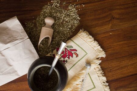 yerba mate gourd on wooden tableの写真素材