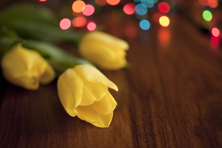 yellow tulips lying on wooden tableの写真素材