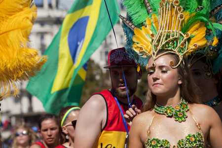WARSAW, POLAND, AUGUST 28: Unidentified Carnival dancer on the parade on Warsaw Multicultural Street Parade on August 28, 2016 in Warsaw, Poland.のeditorial素材