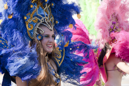 WARSAW, POLAND, AUGUST 28: Unidentified Carnival dancer on the parade on Warsaw Multicultural Street Parade on August 28, 2016 in Warsaw, Poland.のeditorial素材