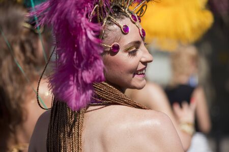 WARSAW, POLAND, AUGUST 28: Unidentified Carnival dancer on the parade on Warsaw Multicultural Street Parade on August 28, 2016 in Warsaw, Poland.のeditorial素材