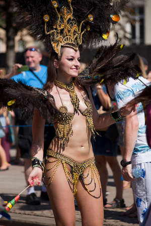 WARSAW, POLAND, AUGUST 28: Unidentified Carnival dancer on the parade on Warsaw Multicultural Street Parade on August 28, 2016 in Warsaw, Poland.のeditorial素材