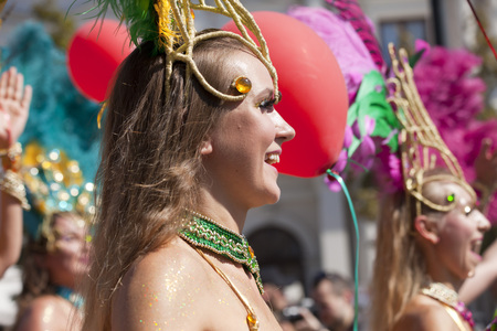 WARSAW, POLAND, AUGUST 28: Unidentified Carnival dancer on the parade on Warsaw Multicultural Street...