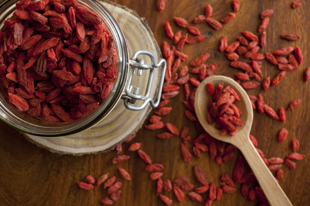 Goji berries on the wooden tableの写真素材