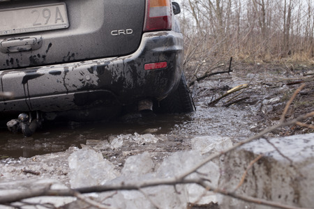 Warsaw, Poland - March 4, 2017:  Jeep Grand Cherokee on a rural road near Warsaw during the offroad...