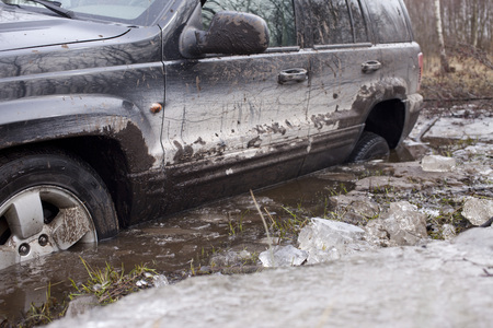 Warsaw, Poland - March 4, 2017:  Jeep Grand Cherokee on a rural road near Warsaw during the offroad race 4, March, 2017.のeditorial素材