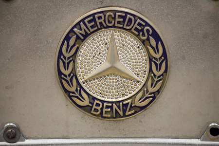WARSAW, POLAND, May 13: Oldtimer Mercedes benz car logo on Warsaw Auto Nostalgy fair on May 13, 2017 in Warsaw, Poland.のeditorial素材