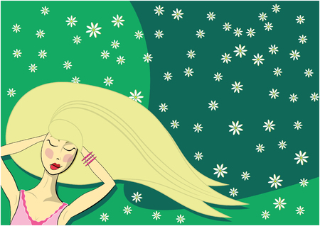 Young woman lying on a meadow and dreamingのイラスト素材