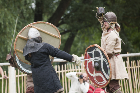 DROHICZYN, POLAND, July 8:  Medieval warriors during the fight on Vikings, Baltics and Slavic...