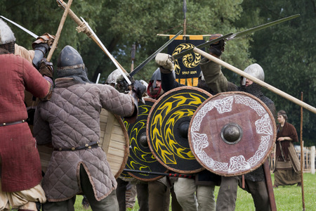 DROHICZYN, POLAND, July 8:  Medieval warriors during the fight on Vikings, Baltics and Slavic...