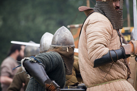 DROHICZYN, POLAND, July 8:  Medieval warriors during the fight on Vikings, Baltics and Slavic warriors meeting on July 8,  2017 in Drohiczyn, Poland.のeditorial素材
