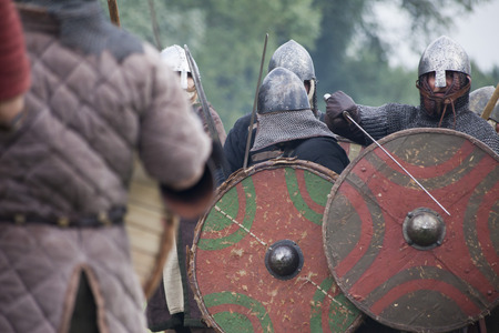 DROHICZYN, POLAND, July 8:  Medieval warriors during the fight on Vikings, Baltics and Slavic warriors meeting on July 8,  2017 in Drohiczyn, Poland.のeditorial素材