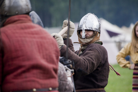DROHICZYN, POLAND, July 8:  Medieval warriors during the fight on Vikings, Baltics and Slavic...