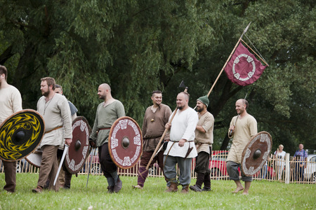 DROHICZYN, POLAND, July 8:  Medieval warriors during the fight on Vikings, Baltics and Slavic warriors meeting on July 8,  2017 in Drohiczyn, Poland.のeditorial素材