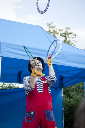 WARSAW, POLAND, June 4: Clown during outdoor performance on Kids Day- on June 4, 2018 in Warsaw, Poland.のeditorial素材