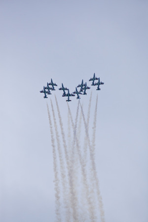 Radom, Poland- August 24, 2018: A group of aircrafts flies during air showのeditorial素材