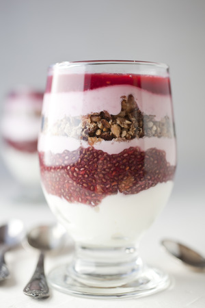 Homemade dessert with yogurt and raspberriesの写真素材