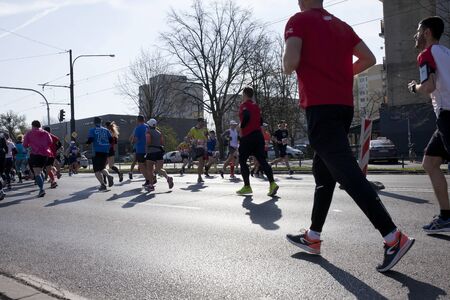 WARSAW, POLAND, April 4: Runners during the marathon in the city on April 4, 2019 in Warsaw, Polandのeditorial素材