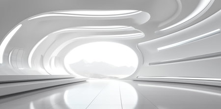 futuristic 3d renders design animations in space futurist interior, in the style of light gray and white, seapunk, algeapunk, rounded formsの素材
