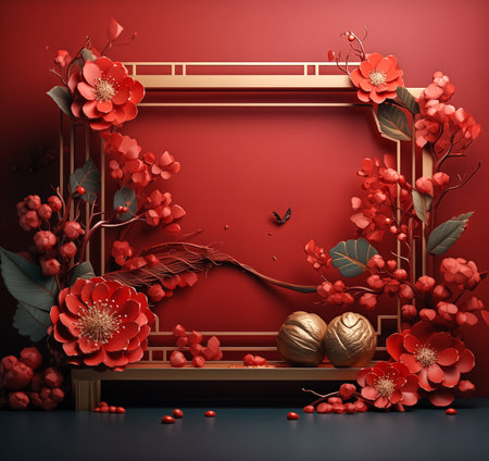 chinese new year podium with red plants and red and gold flowers  in the style gorgeous,Product photography, 3D renderingの素材