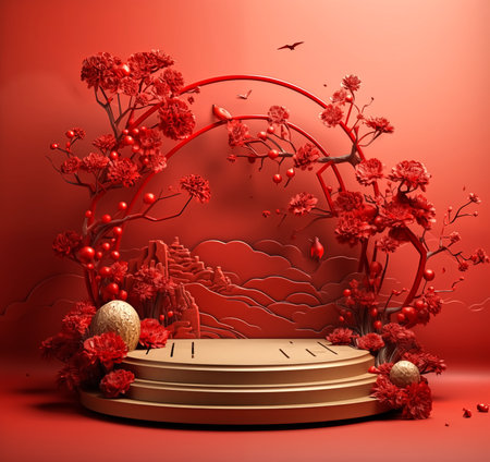 chinese new year podium with red plants and red and gold flowers  in the style gorgeous,Product photography, 3D renderingの素材