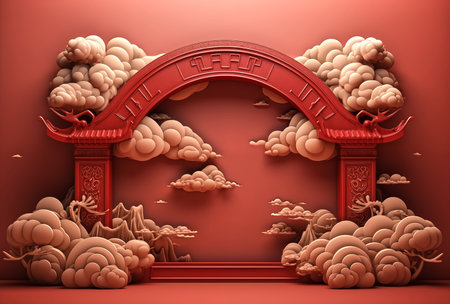 chinese new year podium with red plants and red and gold flowers  in the style gorgeous,Product photography, 3D renderingの素材