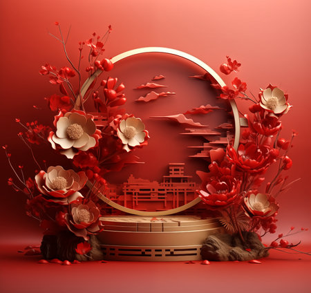 chinese new year podium with red plants and red and gold flowers  in the style gorgeous,Product photography, 3D renderingの素材