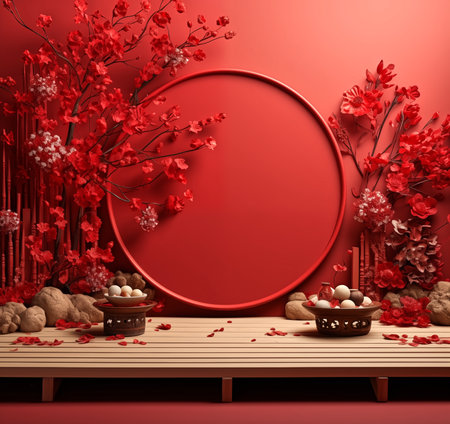 chinese new year podium with red plants and red and gold flowers  in the style gorgeous,Product photography, 3D renderingの素材