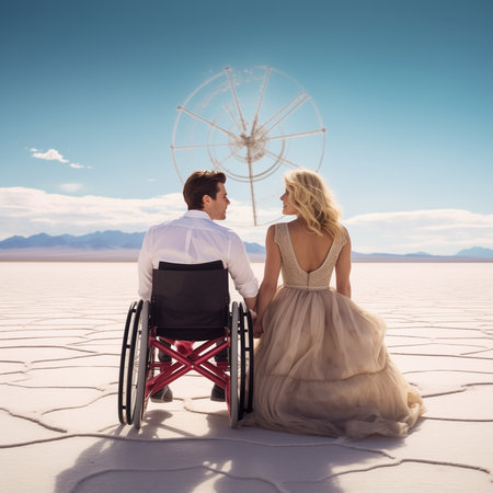 happy couple with a wheelchair smiling in outdoor,disabilities brief for contributing artists and agenciesの素材