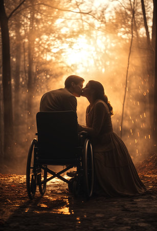 happy couple with a wheelchair smiling in outdoor,disabilities brief for contributing artists and agenciesの素材