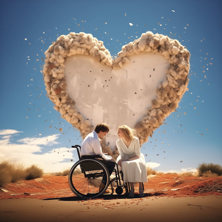 happy couple with a wheelchair smiling in outdoor,disabilities brief for contributing artists and agenciesの素材