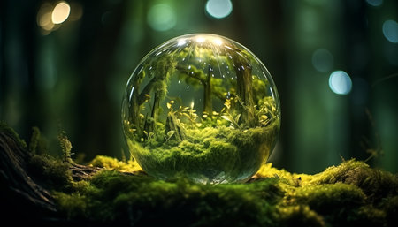Glass ball with forest inside on mossy ground. 3D rendering.の素材