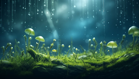 Fantasy green moss and water drops. 3d render illustration.の素材