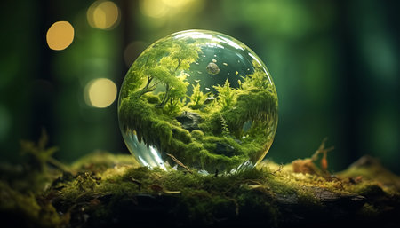 Glass globe with green moss inside and blurred forest background. 3D rendering.の素材