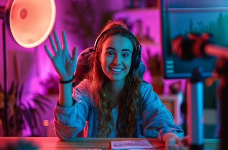 Content creators sitting at desk with microphone and DSLR camera and waving his handの素材