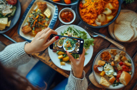 woman taking food photo using mobile phone camera with dinner mealの素材