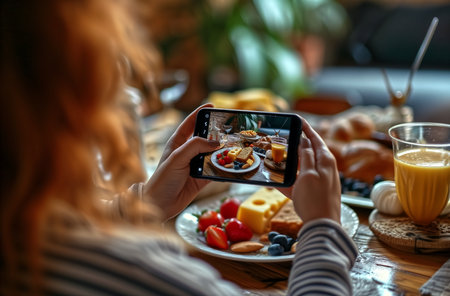 Photo for woman taking food photo using mobile phone camera with dinner meal - Royalty Free Image