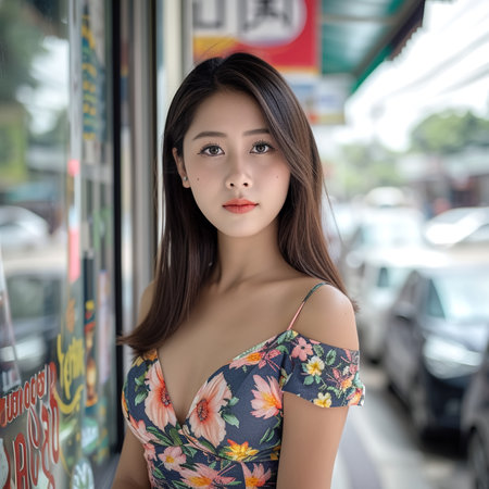 A young and beautiful asian korean woman wearing a black tank top ,  K-Pop looks and her pink blond hair color.の素材