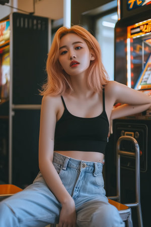 A young and beautiful asian korean woman wearing a black tank top ,  K-Pop looks and her pink blond hair color.の素材