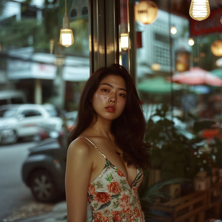 A young and beautiful asian korean woman wearing a black tank top ,  K-Pop looks and her pink blond hair color.の素材