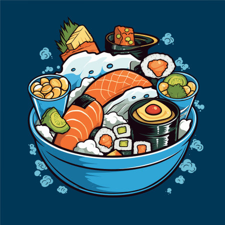 Illustration of Sushi in a bowl on a blue background.のイラスト素材
