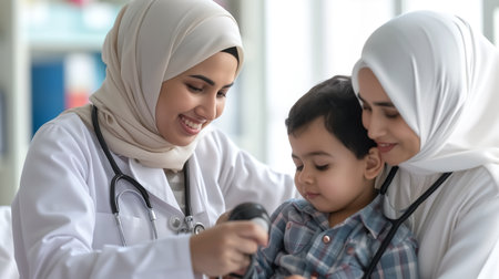 Muslim mother and her children visiting a doctor at the hospital. Medical healthcare concept.の素材