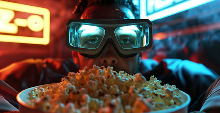 sitting on a couch with a bowl of popcorn in his lap, wearing Apple Vision Proの素材