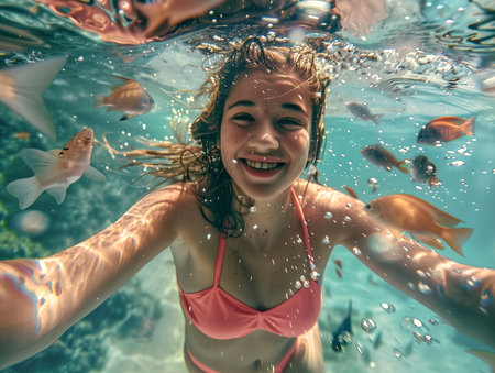 The image shows two young girls swimming underwater with their eyes open, wearing snorkeling mask full face and surrounded by various fishの素材